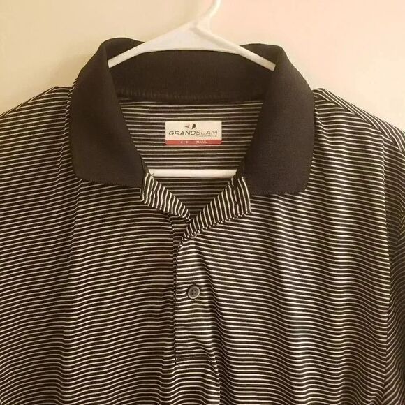 Grand Slam Golf Men's Black/White Striped Short Sleeve Polo Shirt - Picture 3 of 9
